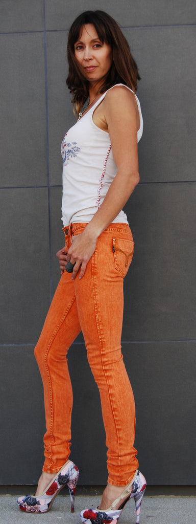 Color Skinny Jean's, Color Denim Orange Color Skinny Fit Jean's